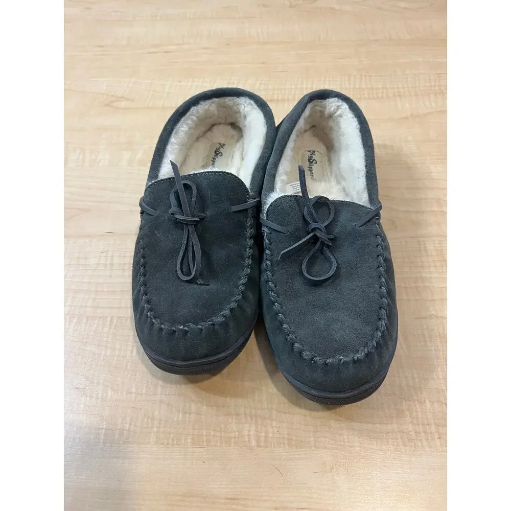 Men's Moccasin MySlippers Dark Grey Leather And Faux Shirling Lined Size‎ 10